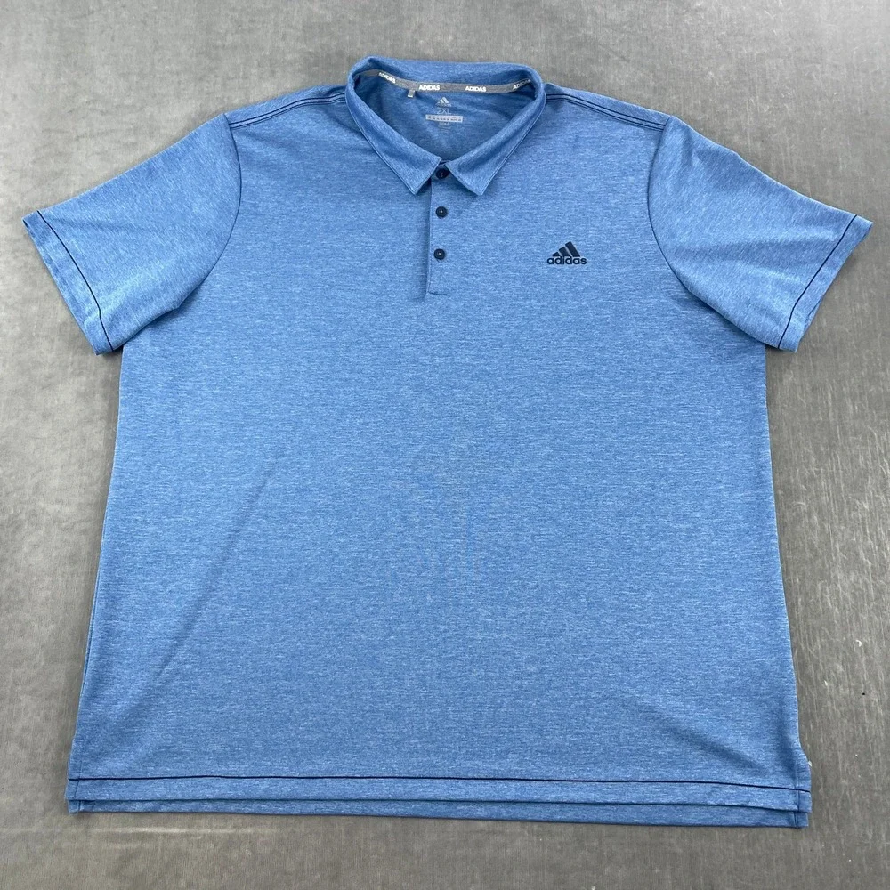 Adidas Mens 2XL Blue Golf Polo Shirt Heathered Short‎ Sleeve Breathable